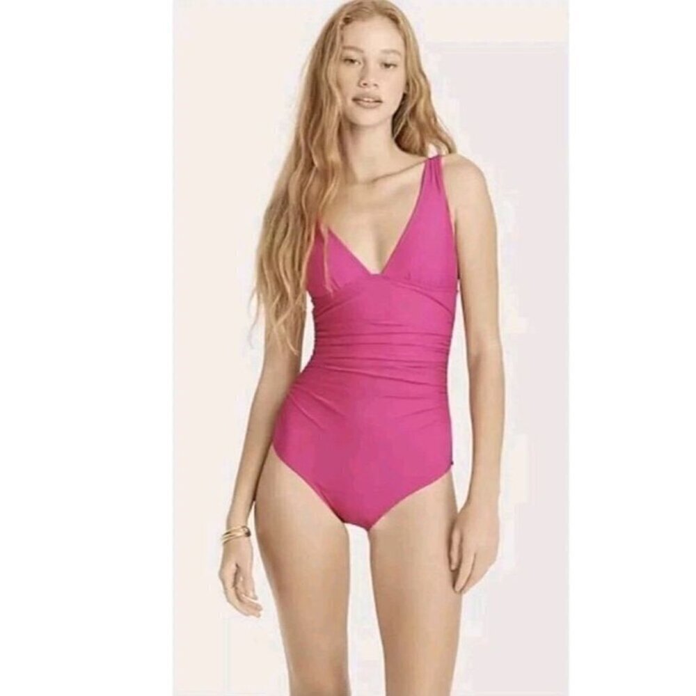J. Crew Long-Torso Ruched V-neck OnePiece Swim Radiant Fuchsia Pink Size 6 (856